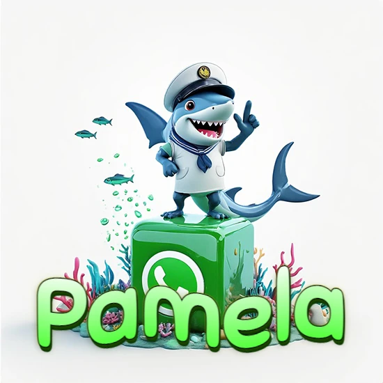 Fondo marino con un tiburón capitán sobre un cubo verde de WhatsApp. Arrecifes de coral, peces y burbujas. Nombre en verde claro en la parte delantera del cubo. Diseño con el nombre Pamela.