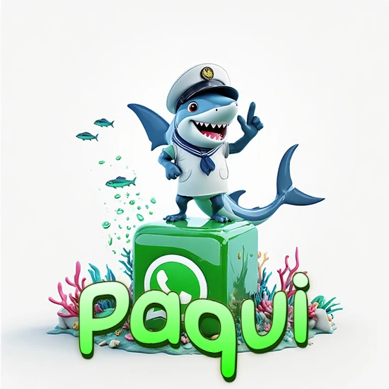 Fondo marino con un tiburón capitán sobre un cubo verde de WhatsApp. Arrecifes de coral, peces y burbujas. Nombre en verde claro en la parte delantera del cubo. Diseño con el nombre Paqui.