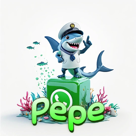 Fondo marino con un tiburón capitán sobre un cubo verde de WhatsApp. Arrecifes de coral, peces y burbujas. Nombre en verde claro en la parte delantera del cubo. Diseño con el nombre Pepe.