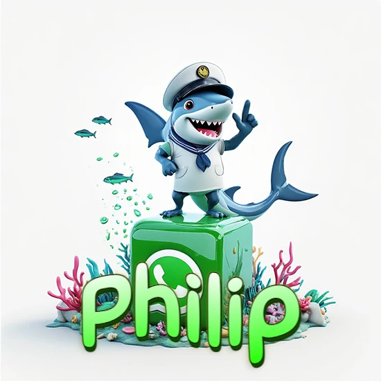 Fondo marino con un tiburón capitán sobre un cubo verde de WhatsApp. Arrecifes de coral, peces y burbujas. Nombre en verde claro en la parte delantera del cubo. Diseño con el nombre Philip.