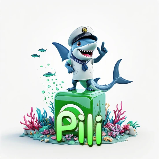 Fondo marino con un tiburón capitán sobre un cubo verde de WhatsApp. Arrecifes de coral, peces y burbujas. Nombre en verde claro en la parte delantera del cubo. Diseño con el nombre Pili.