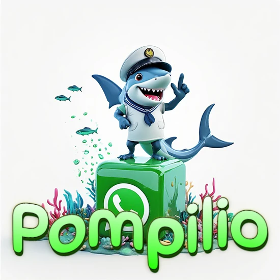 Fondo marino con un tiburón capitán sobre un cubo verde de WhatsApp. Arrecifes de coral, peces y burbujas. Nombre en verde claro en la parte delantera del cubo. Diseño con el nombre Pompilio.