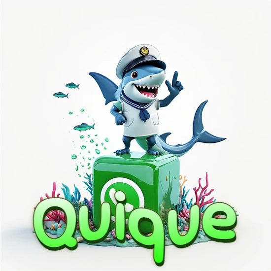 Fondo marino con un tiburón capitán sobre un cubo verde de WhatsApp. Arrecifes de coral, peces y burbujas. Nombre en verde claro en la parte delantera del cubo. Diseño con el nombre Quique.