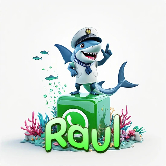Fondo marino con un tiburón capitán sobre un cubo verde de WhatsApp. Arrecifes de coral, peces y burbujas. Nombre en verde claro en la parte delantera del cubo. Diseño con el nombre Raul.
