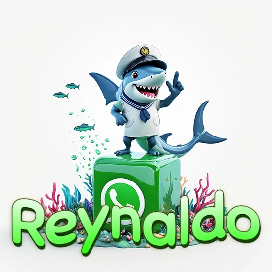 Fondo marino con un tiburón capitán sobre un cubo verde de WhatsApp. Arrecifes de coral, peces y burbujas. Nombre en verde claro en la parte delantera del cubo. Diseño con el nombre Reynaldo.