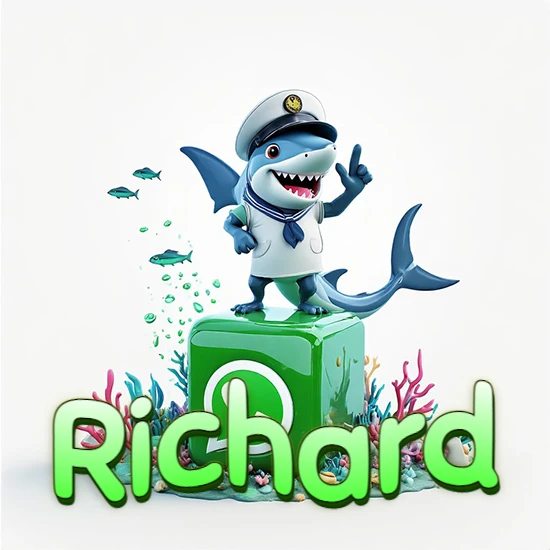 Fondo marino con un tiburón capitán sobre un cubo verde de WhatsApp. Arrecifes de coral, peces y burbujas. Nombre en verde claro en la parte delantera del cubo. Diseño con el nombre Richard.