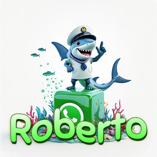 Fondo marino con un tiburón capitán sobre un cubo verde de WhatsApp. Arrecifes de coral, peces y burbujas. Nombre en verde claro en la parte delantera del cubo. Diseño con el nombre Roberto.