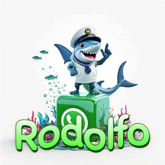 Fondo marino con un tiburón capitán sobre un cubo verde de WhatsApp. Arrecifes de coral, peces y burbujas. Nombre en verde claro en la parte delantera del cubo. Diseño con el nombre Rodolfo.