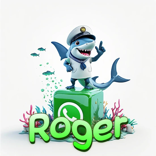 Fondo marino con un tiburón capitán sobre un cubo verde de WhatsApp. Arrecifes de coral, peces y burbujas. Nombre en verde claro en la parte delantera del cubo. Diseño con el nombre Roger.