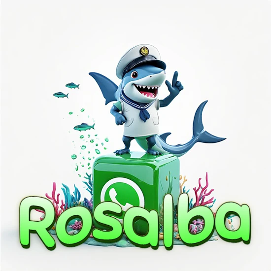 Fondo marino con un tiburón capitán sobre un cubo verde de WhatsApp. Arrecifes de coral, peces y burbujas. Nombre en verde claro en la parte delantera del cubo. Diseño con el nombre Rosalba.