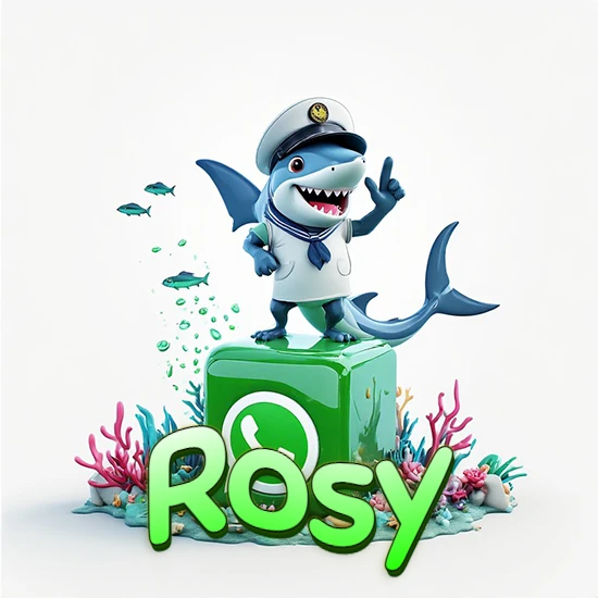 Fondo marino con un tiburón capitán sobre un cubo verde de WhatsApp. Arrecifes de coral, peces y burbujas. Nombre en verde claro en la parte delantera del cubo. Diseño con el nombre Rosy.