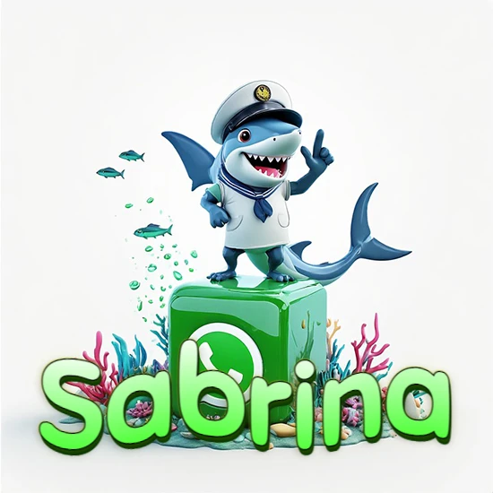 Fondo marino con un tiburón capitán sobre un cubo verde de WhatsApp. Arrecifes de coral, peces y burbujas. Nombre en verde claro en la parte delantera del cubo. Diseño con el nombre Sabrina.
