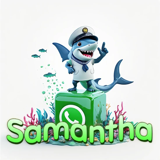 Fondo marino con un tiburón capitán sobre un cubo verde de WhatsApp. Arrecifes de coral, peces y burbujas. Nombre en verde claro en la parte delantera del cubo. Diseño con el nombre Samantha.