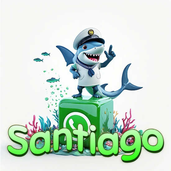 Fondo marino con un tiburón capitán sobre un cubo verde de WhatsApp. Arrecifes de coral, peces y burbujas. Nombre en verde claro en la parte delantera del cubo. Diseño con el nombre Santiago.