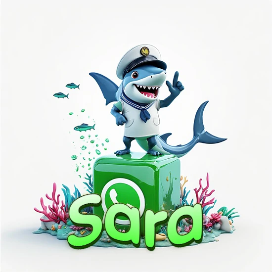 Fondo marino con un tiburón capitán sobre un cubo verde de WhatsApp. Arrecifes de coral, peces y burbujas. Nombre en verde claro en la parte delantera del cubo. Diseño con el nombre Sara. Fondo marino con un tiburón capitán sobre un cubo verde de WhatsApp. Arrecifes de coral, peces y burbujas. Nombre en verde claro en la parte delantera del cubo. Diseño con el nombre Sara.
