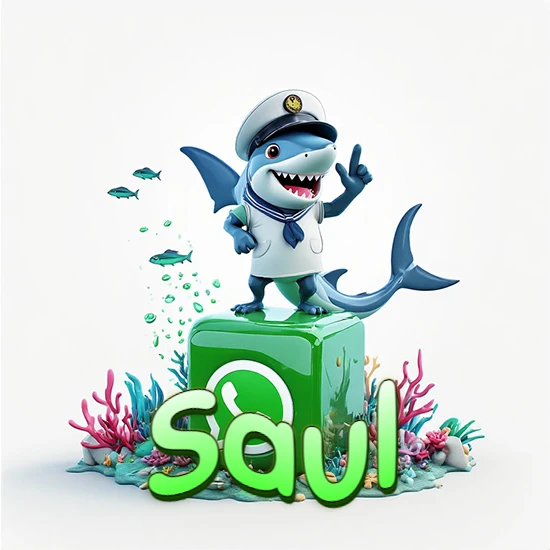 Fondo marino con un tiburón capitán sobre un cubo verde de WhatsApp. Arrecifes de coral, peces y burbujas. Nombre en verde claro en la parte delantera del cubo. Diseño con el nombre Saul.