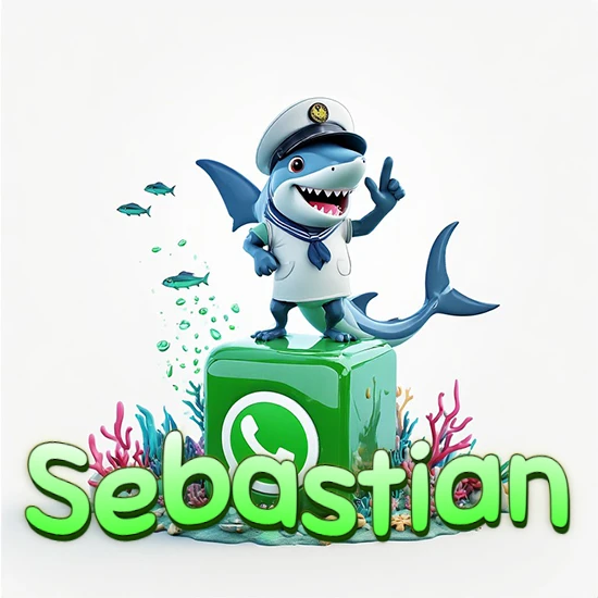 Fondo marino con un tiburón capitán sobre un cubo verde de WhatsApp. Arrecifes de coral, peces y burbujas. Nombre en verde claro en la parte delantera del cubo. Diseño con el nombre Sebastian.