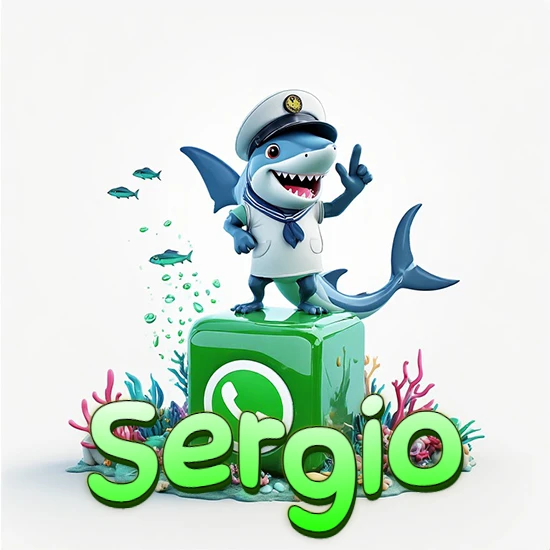 Fondo marino con un tiburón capitán sobre un cubo verde de WhatsApp. Arrecifes de coral, peces y burbujas. Nombre en verde claro en la parte delantera del cubo. Diseño con el nombre Sergio.