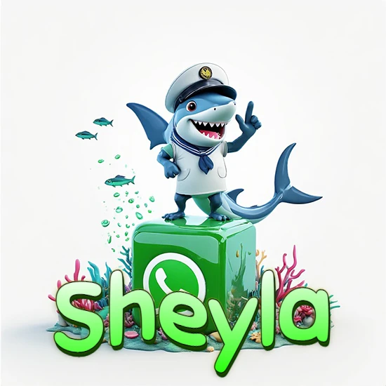 Fondo marino con un tiburón capitán sobre un cubo verde de WhatsApp. Arrecifes de coral, peces y burbujas. Nombre en verde claro en la parte delantera del cubo. Diseño con el nombre Sheyla.