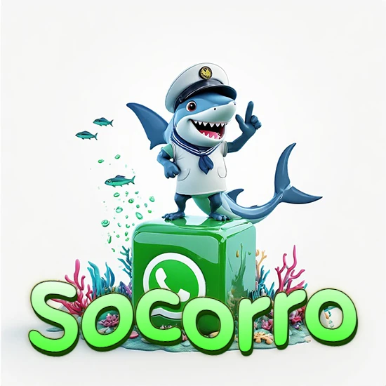 Fondo marino con un tiburón capitán sobre un cubo verde de WhatsApp. Arrecifes de coral, peces y burbujas. Nombre en verde claro en la parte delantera del cubo. Diseño con el nombre Socorro.