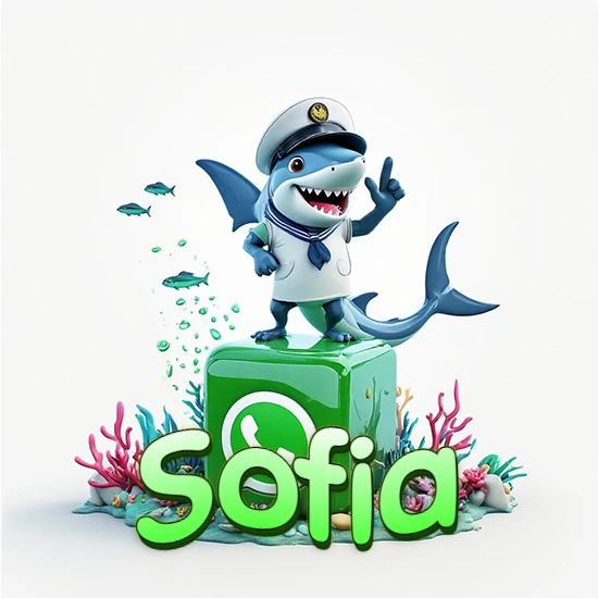 Fondo marino con un tiburón capitán sobre un cubo verde de WhatsApp. Arrecifes de coral, peces y burbujas. Nombre en verde claro en la parte delantera del cubo. Diseño con el nombre Sofia.