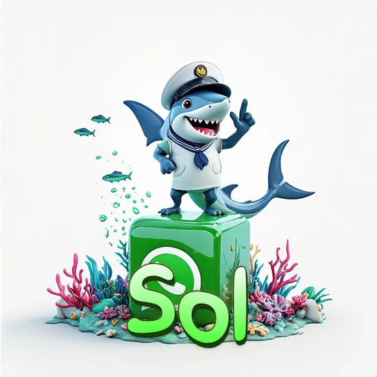 Fondo marino con un tiburón capitán sobre un cubo verde de WhatsApp. Arrecifes de coral, peces y burbujas. Nombre en verde claro en la parte delantera del cubo. Diseño con el nombre Sol.