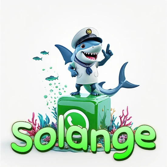 Fondo marino con un tiburón capitán sobre un cubo verde de WhatsApp. Arrecifes de coral, peces y burbujas. Nombre en verde claro en la parte delantera del cubo. Diseño con el nombre Solange.