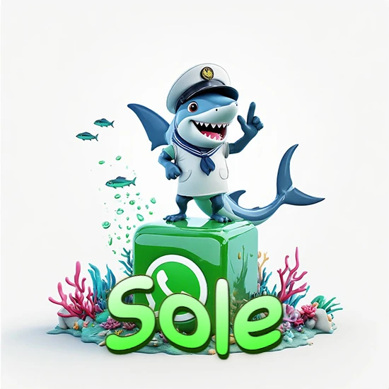 Fondo marino con un tiburón capitán sobre un cubo verde de WhatsApp. Arrecifes de coral, peces y burbujas. Nombre en verde claro en la parte delantera del cubo. Diseño con el nombre Sole.