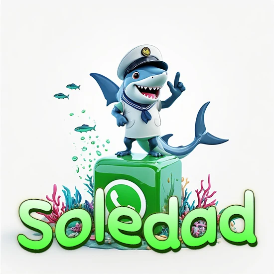 Fondo marino con un tiburón capitán sobre un cubo verde de WhatsApp. Arrecifes de coral, peces y burbujas. Nombre en verde claro en la parte delantera del cubo. Diseño con el nombre Soledad.