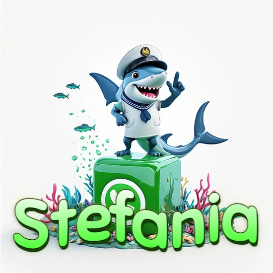 Fondo marino con un tiburón capitán sobre un cubo verde de WhatsApp. Arrecifes de coral, peces y burbujas. Nombre en verde claro en la parte delantera del cubo. Diseño con el nombre Stefania.