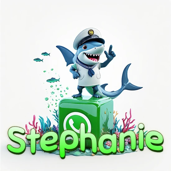 Fondo marino con un tiburón capitán sobre un cubo verde de WhatsApp. Arrecifes de coral, peces y burbujas. Nombre en verde claro en la parte delantera del cubo. Diseño con el nombre Stephanie.