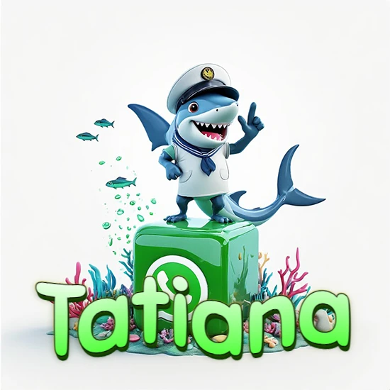 Fondo marino con un tiburón capitán sobre un cubo verde de WhatsApp. Arrecifes de coral, peces y burbujas. Nombre en verde claro en la parte delantera del cubo. Diseño con el nombre Tatiana.