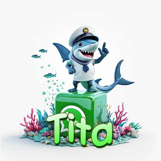 Fondo marino con un tiburón capitán sobre un cubo verde de WhatsApp. Arrecifes de coral, peces y burbujas. Nombre en verde claro en la parte delantera del cubo. Diseño con el nombre Tita.
