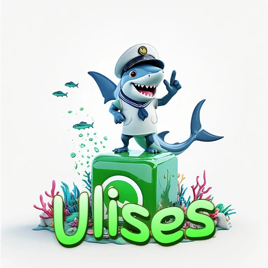 Fondo marino con un tiburón capitán sobre un cubo verde de WhatsApp. Arrecifes de coral, peces y burbujas. Nombre en verde claro en la parte delantera del cubo. Diseño con el nombre Ulises. Fondo marino con un tiburón capitán sobre un cubo verde de WhatsApp. Arrecifes de coral, peces y burbujas. Nombre en verde claro en la parte delantera del cubo. Diseño con el nombre Ulises.