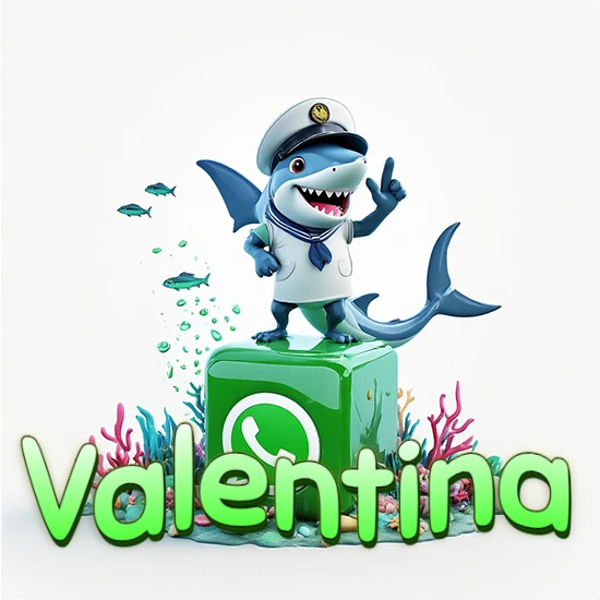 Fondo marino con un tiburón capitán sobre un cubo verde de WhatsApp. Arrecifes de coral, peces y burbujas. Nombre en verde claro en la parte delantera del cubo. Diseño con el nombre Valentina.