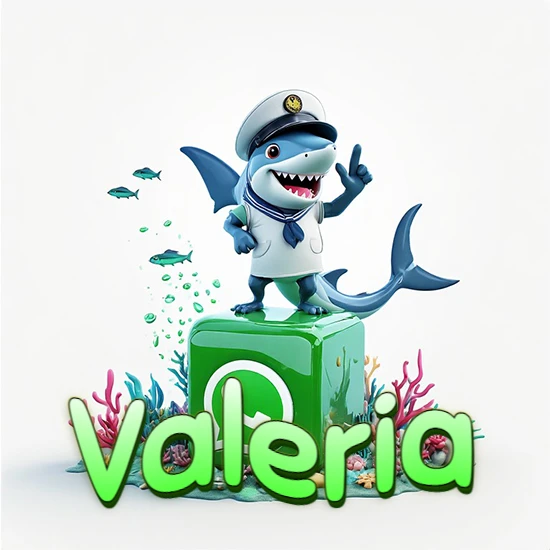 Fondo marino con un tiburón capitán sobre un cubo verde de WhatsApp. Arrecifes de coral, peces y burbujas. Nombre en verde claro en la parte delantera del cubo. Diseño con el nombre Valeria.