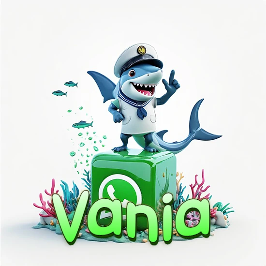 Fondo marino con un tiburón capitán sobre un cubo verde de WhatsApp. Arrecifes de coral, peces y burbujas. Nombre en verde claro en la parte delantera del cubo. Diseño con el nombre Vania.