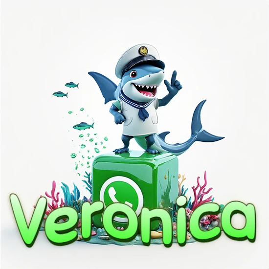 Fondo marino con un tiburón capitán sobre un cubo verde de WhatsApp. Arrecifes de coral, peces y burbujas. Nombre en verde claro en la parte delantera del cubo. Diseño con el nombre Veronica.