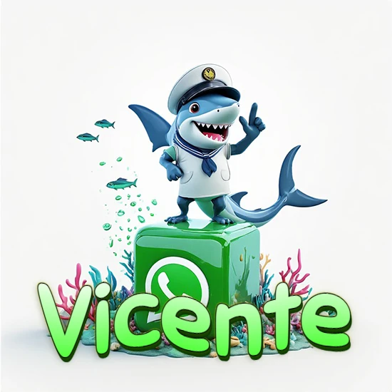 Fondo marino con un tiburón capitán sobre un cubo verde de WhatsApp. Arrecifes de coral, peces y burbujas. Nombre en verde claro en la parte delantera del cubo. Diseño con el nombre Vicente.