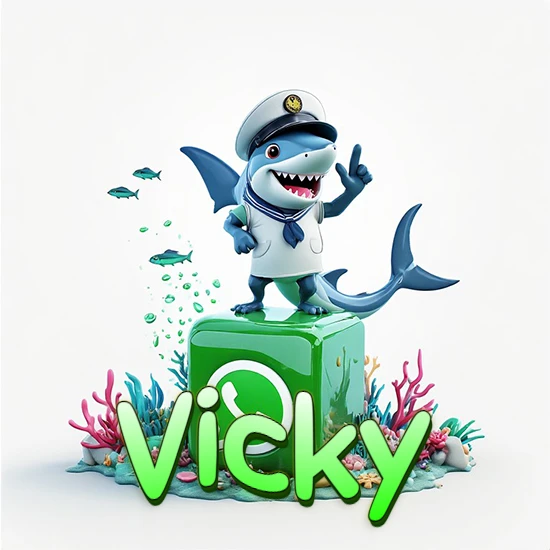 Fondo marino con un tiburón capitán sobre un cubo verde de WhatsApp. Arrecifes de coral, peces y burbujas. Nombre en verde claro en la parte delantera del cubo. Diseño con el nombre Vicky.