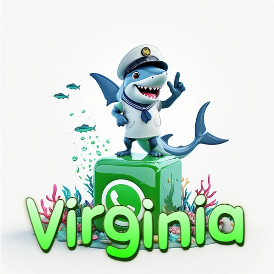 Fondo marino con un tiburón capitán sobre un cubo verde de WhatsApp. Arrecifes de coral, peces y burbujas. Nombre en verde claro en la parte delantera del cubo. Diseño con el nombre Virginia.