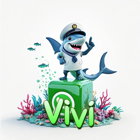 Fondo marino con un tiburón capitán sobre un cubo verde de WhatsApp. Arrecifes de coral, peces y burbujas. Nombre en verde claro en la parte delantera del cubo. Diseño con el nombre Vivi.