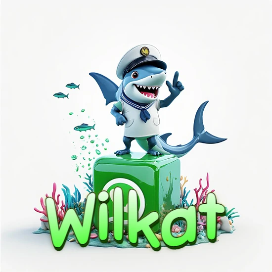 Fondo marino con un tiburón capitán sobre un cubo verde de WhatsApp. Arrecifes de coral, peces y burbujas. Nombre en verde claro en la parte delantera del cubo. Diseño con el nombre Wilkat.