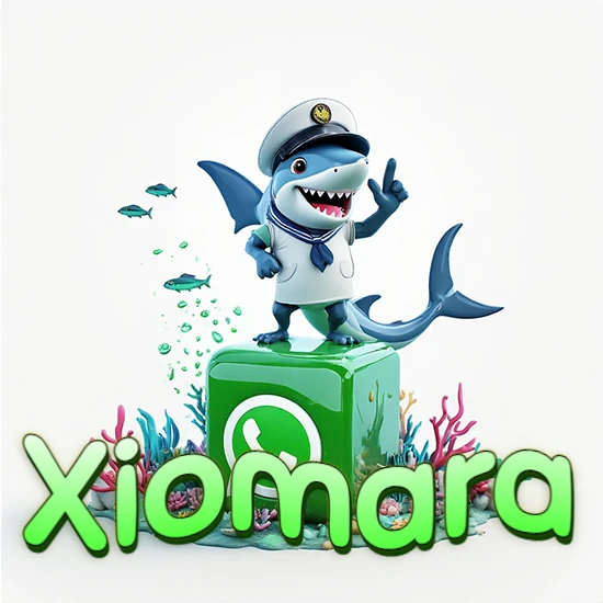 Fondo marino con un tiburón capitán sobre un cubo verde de WhatsApp. Arrecifes de coral, peces y burbujas. Nombre en verde claro en la parte delantera del cubo. Diseño con el nombre Xiomara.