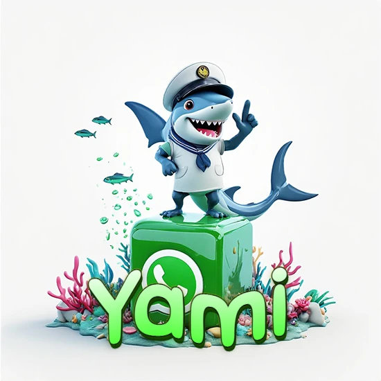 Fondo marino con un tiburón capitán sobre un cubo verde de WhatsApp. Arrecifes de coral, peces y burbujas. Nombre en verde claro en la parte delantera del cubo. Diseño con el nombre Yami.