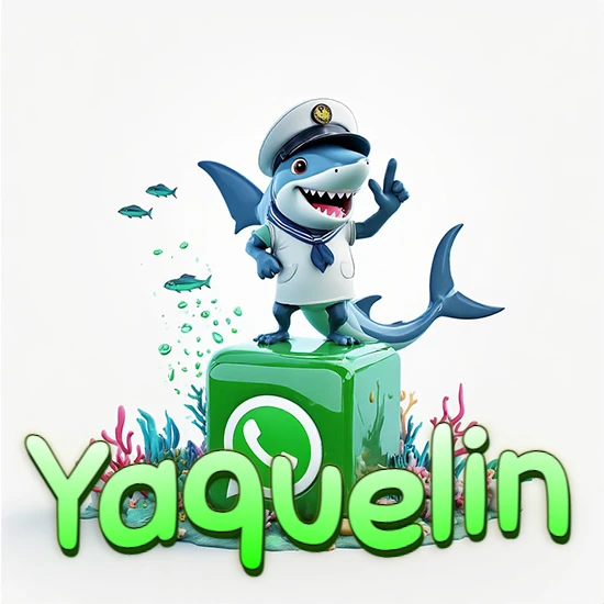Fondo marino con un tiburón capitán sobre un cubo verde de WhatsApp. Arrecifes de coral, peces y burbujas. Nombre en verde claro en la parte delantera del cubo. Diseño con el nombre Yaquelin.