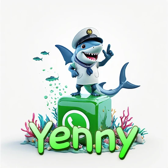 Fondo marino con un tiburón capitán sobre un cubo verde de WhatsApp. Arrecifes de coral, peces y burbujas. Nombre en verde claro en la parte delantera del cubo. Diseño con el nombre Yenny.