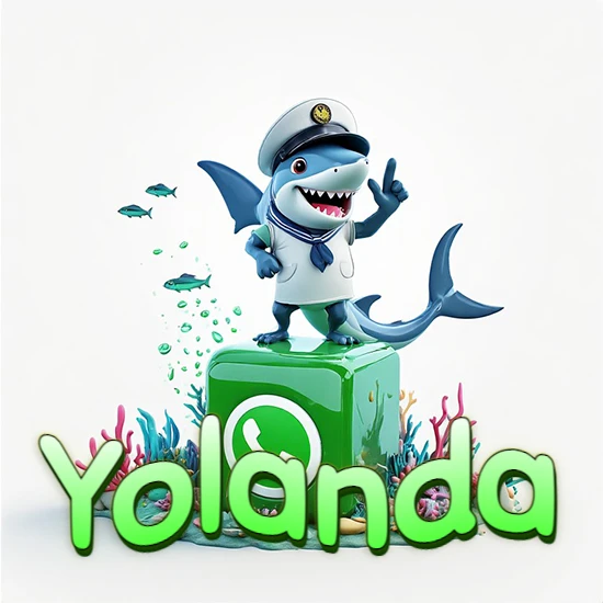 Fondo marino con un tiburón capitán sobre un cubo verde de WhatsApp. Arrecifes de coral, peces y burbujas. Nombre en verde claro en la parte delantera del cubo. Diseño con el nombre Yolanda.