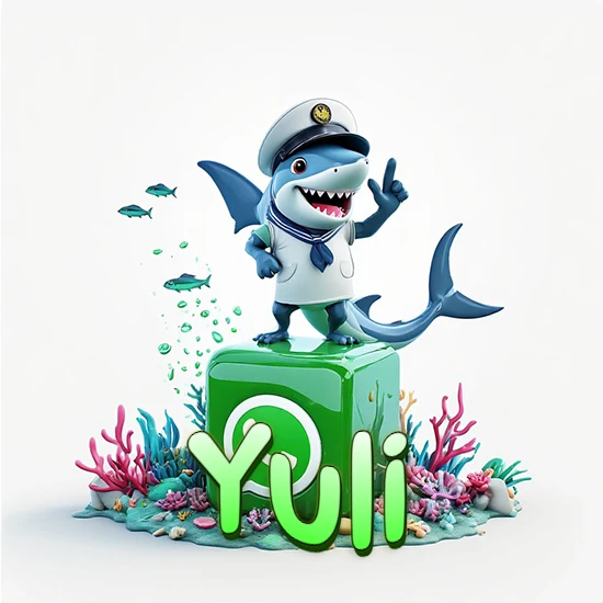Fondo marino con un tiburón capitán sobre un cubo verde de WhatsApp. Arrecifes de coral, peces y burbujas. Nombre en verde claro en la parte delantera del cubo. Diseño con el nombre Yuli.