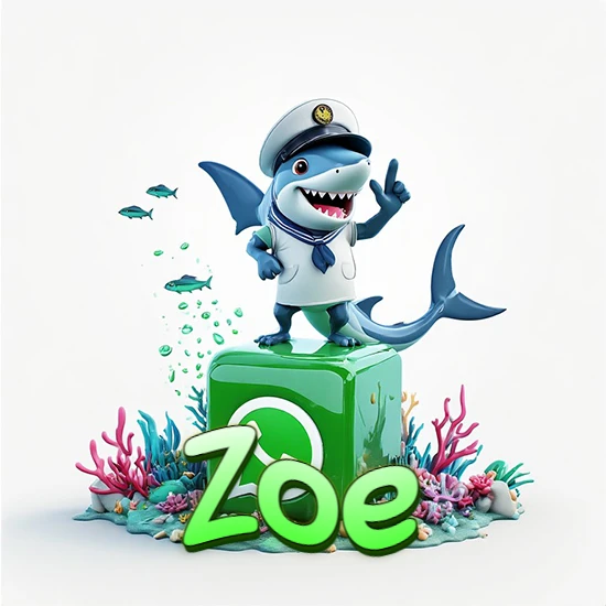 Fondo marino con un tiburón capitán sobre un cubo verde de WhatsApp. Arrecifes de coral, peces y burbujas. Nombre en verde claro en la parte delantera del cubo. Diseño con el nombre Zoe.